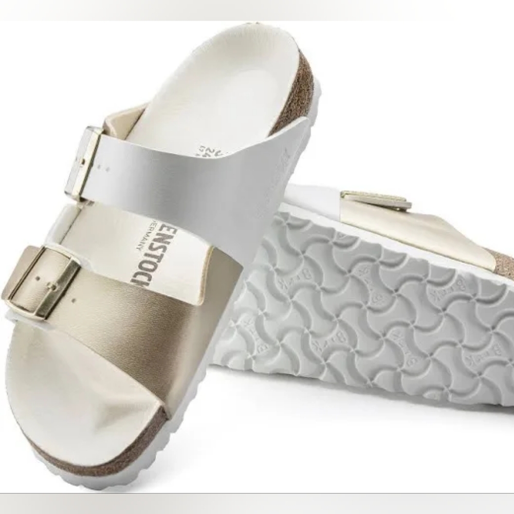Birkenstock White and Gold Sandals